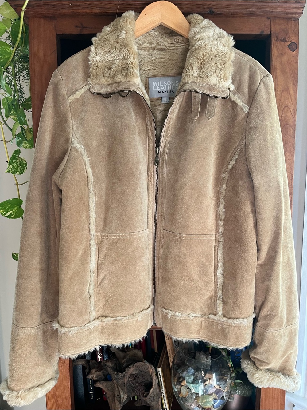 VTG Wilsons 100% Suede Leather Maxima Faux Shearling Moto Jacket Tan Y2K Boho